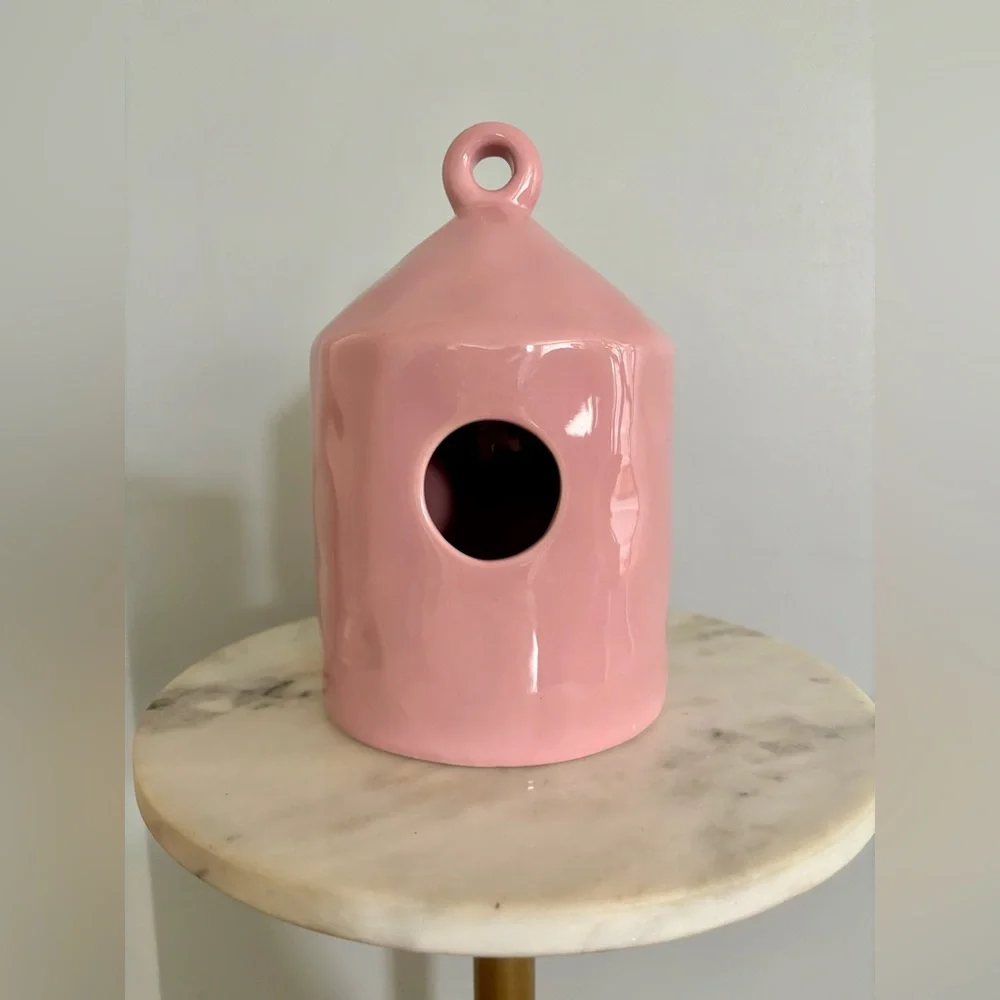 Kathy Diep Pink Ceramic Birdhouse Glossy Modern Cottagecore Decor OS